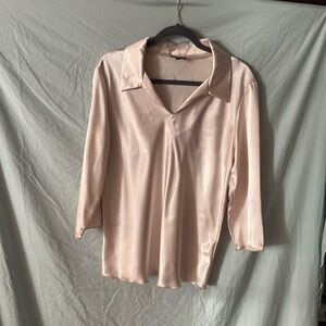 Nicole Miller long sleeve Beige Pearl Cream Silk Satin Blouse sz Large 14 12